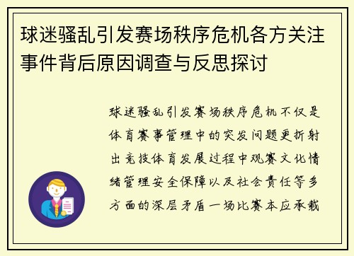 球迷骚乱引发赛场秩序危机各方关注事件背后原因调查与反思探讨 球迷骚乱引发赛场秩序危机各方关注事件背后原因调查与反思探讨